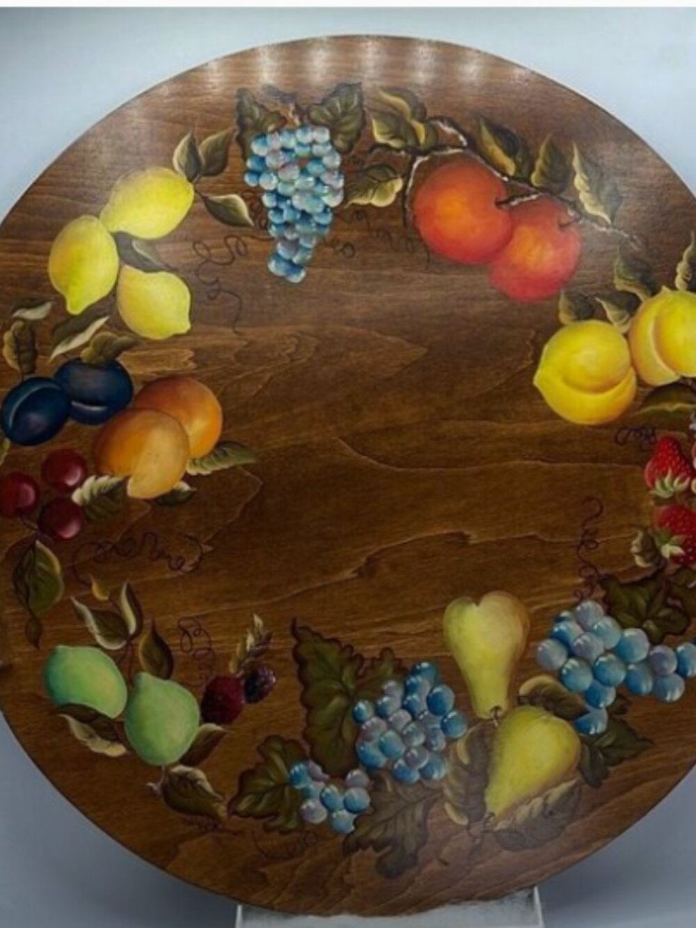 Vintage hand painted 16" Round Signed Dated Serving Tray "Fruits" Wood